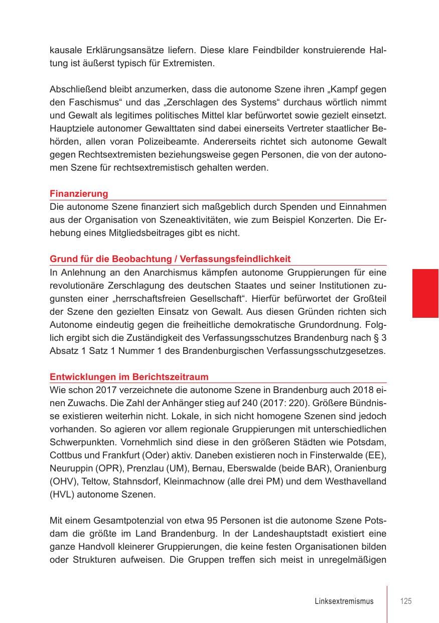 Seite 125 des Verfassungsschutzbericht 2018 Brandenburg