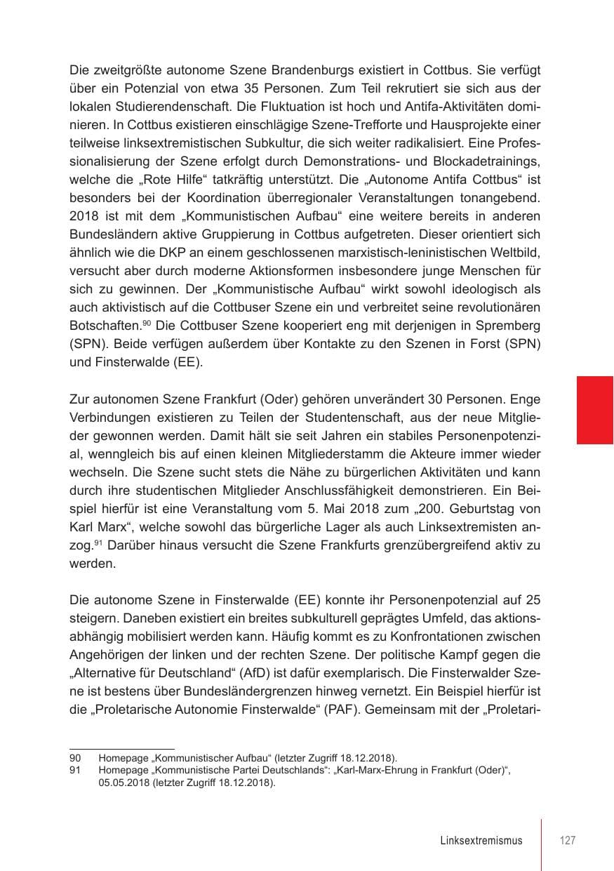 Seite 127 des Verfassungsschutzbericht 2018 Brandenburg