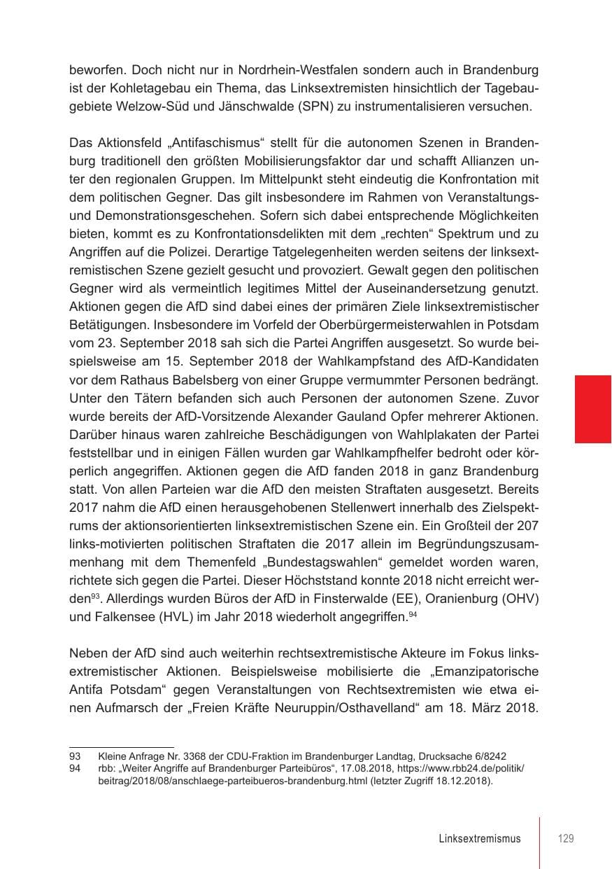 Seite 129 des Verfassungsschutzbericht 2018 Brandenburg
