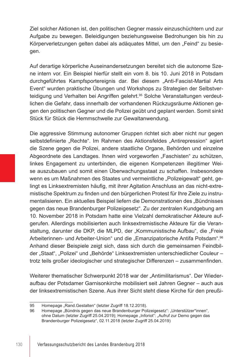 Seite 130 des Verfassungsschutzbericht 2018 Brandenburg