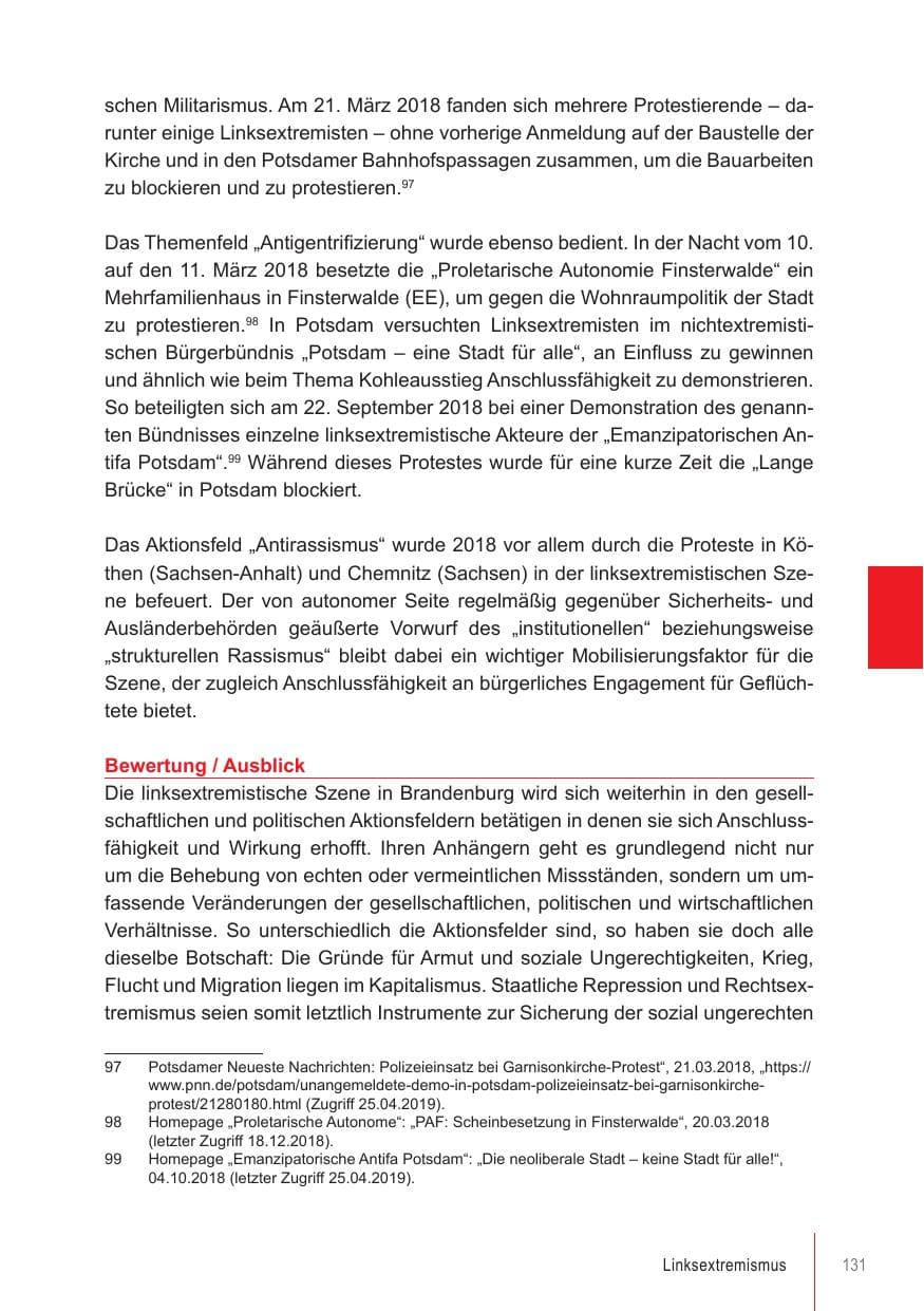 Seite 131 des Verfassungsschutzbericht 2018 Brandenburg