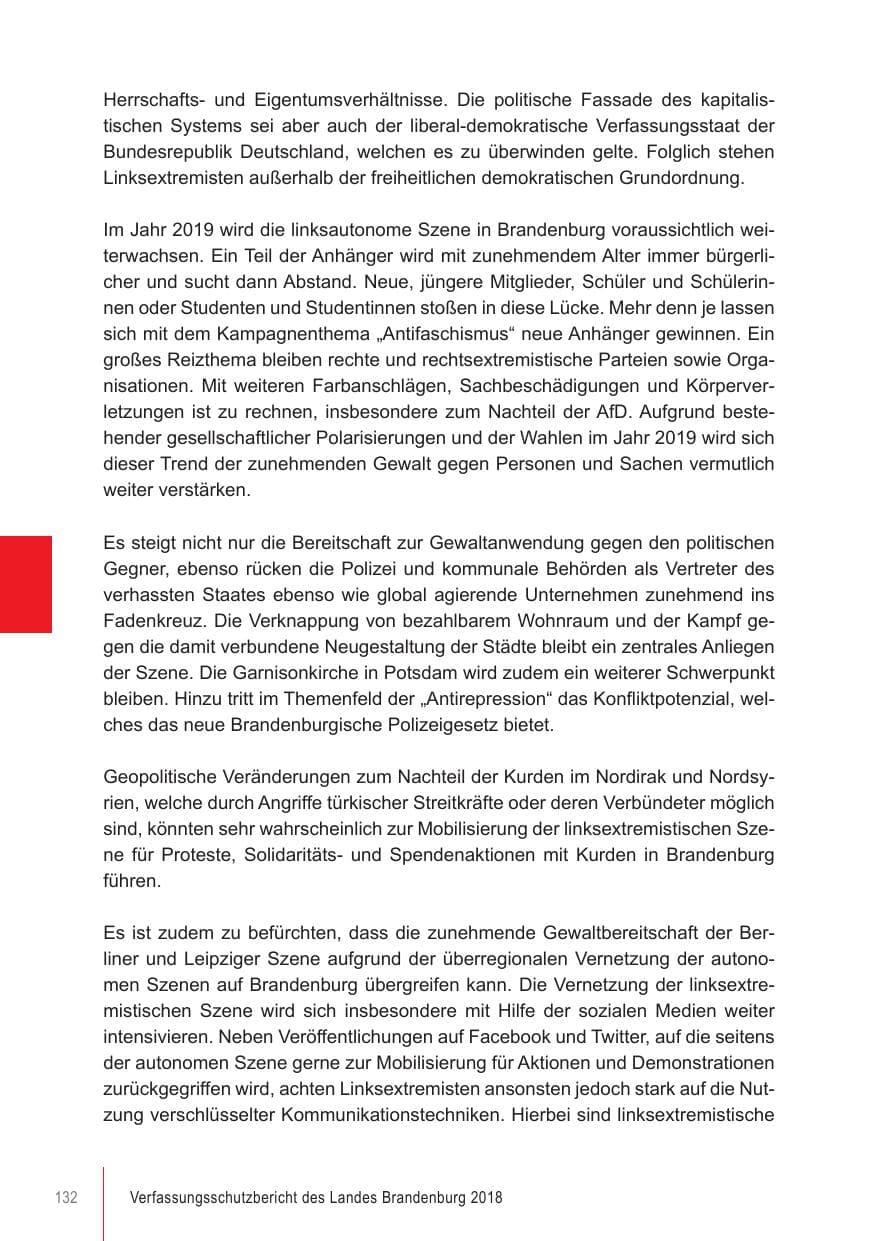 Seite 132 des Verfassungsschutzbericht 2018 Brandenburg