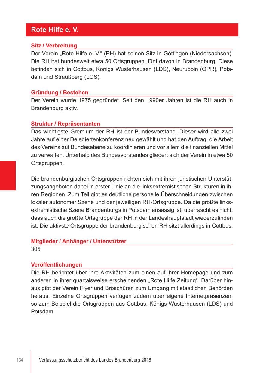 Seite 134 des Verfassungsschutzbericht 2018 Brandenburg