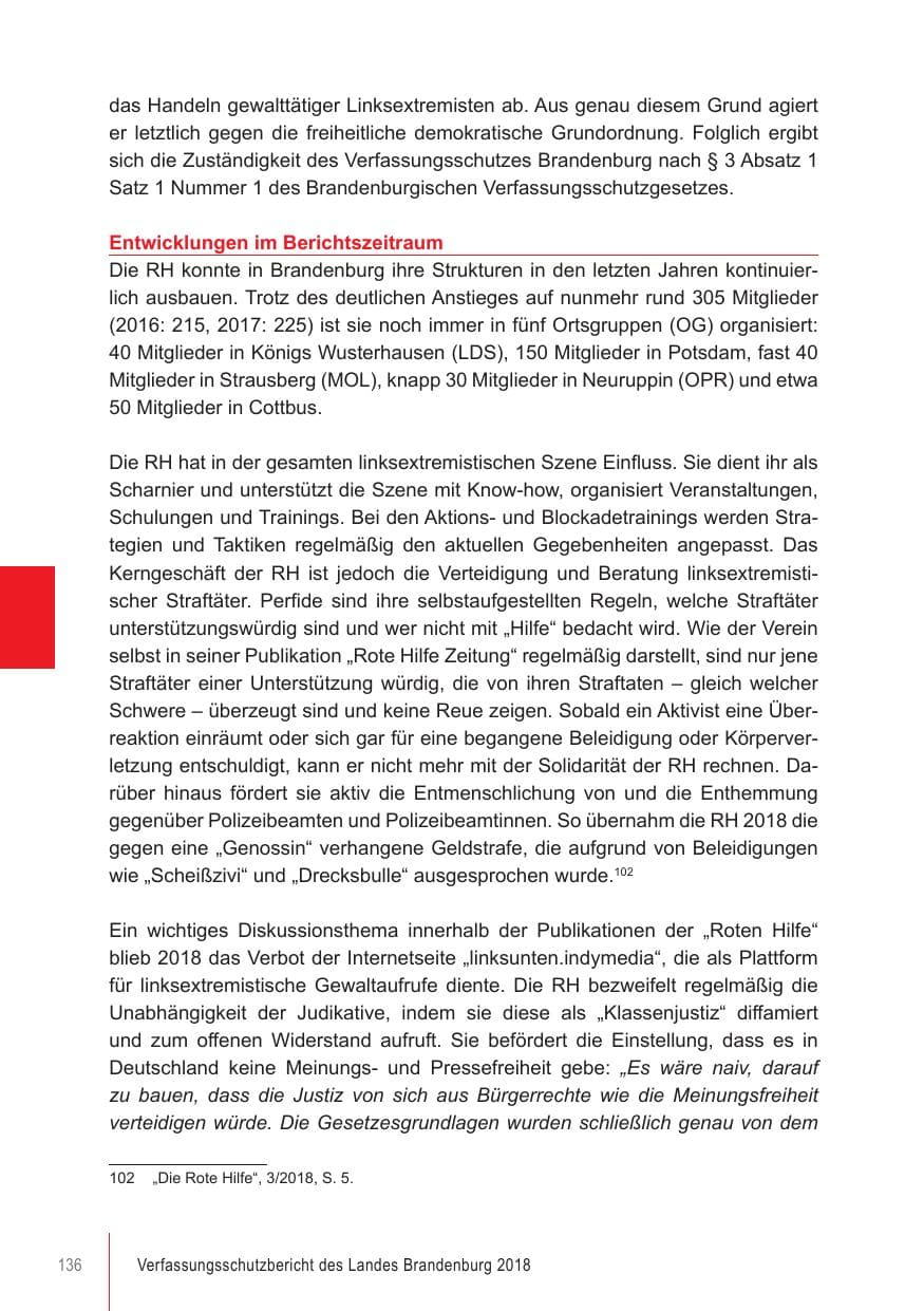 Seite 136 des Verfassungsschutzbericht 2018 Brandenburg