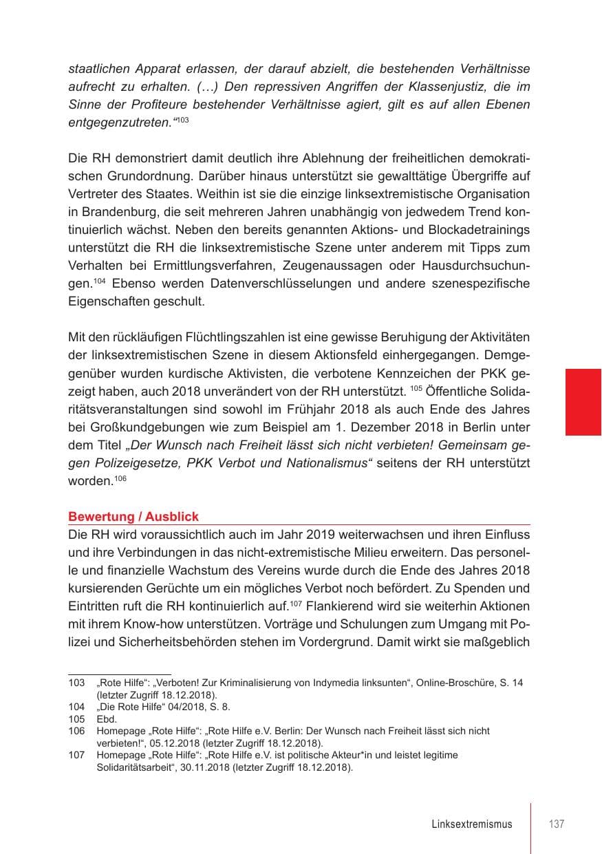 Seite 137 des Verfassungsschutzbericht 2018 Brandenburg