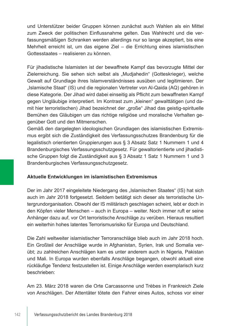 Seite 142 des Verfassungsschutzbericht 2018 Brandenburg