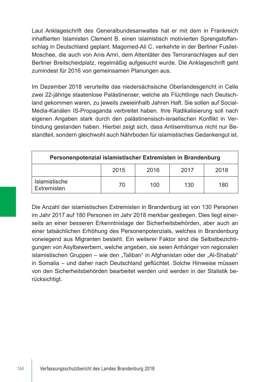 Seite 144 des Verfassungsschutzbericht 2018 Brandenburg