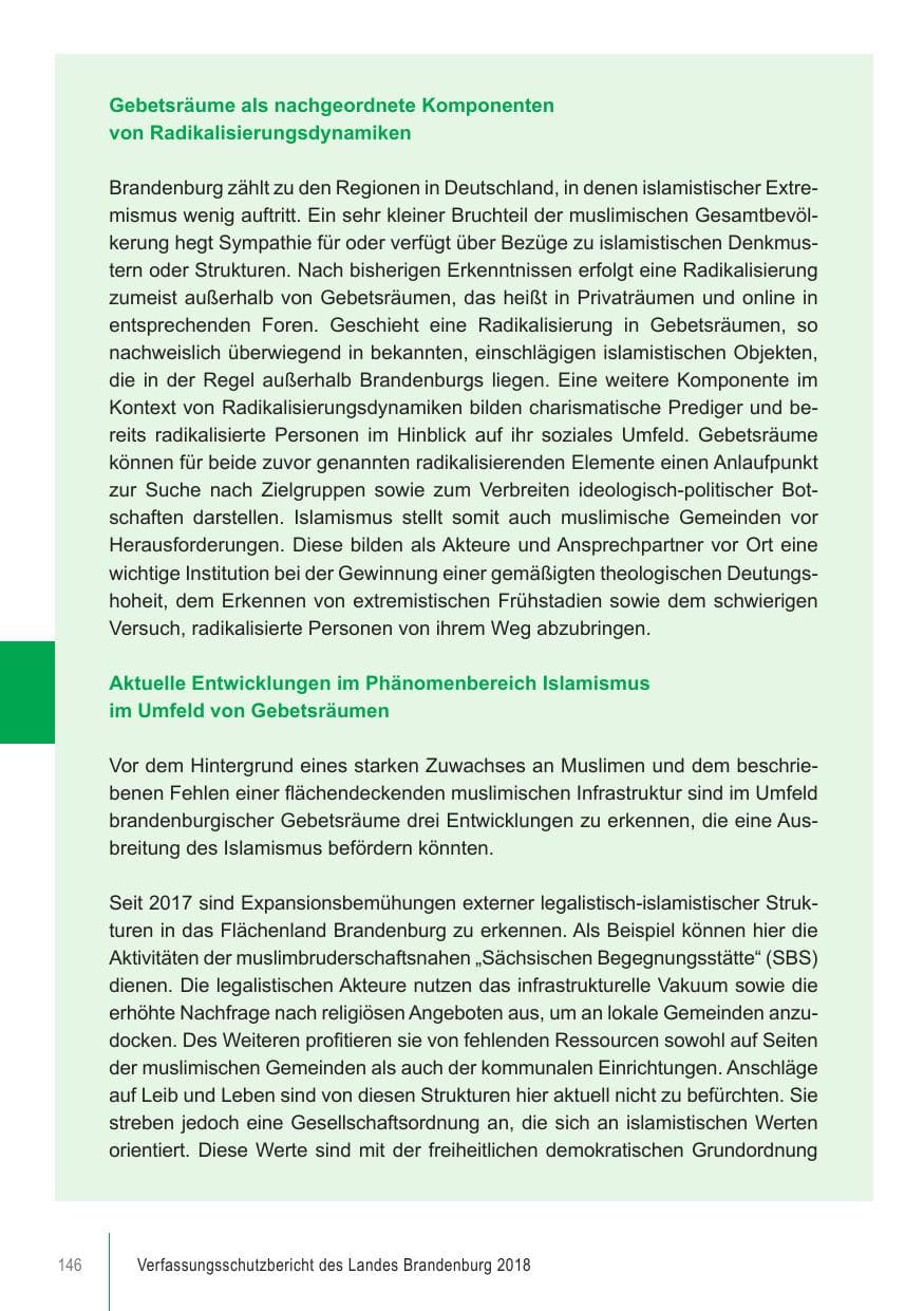 Seite 146 des Verfassungsschutzbericht 2018 Brandenburg