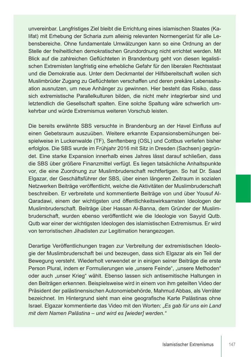 Seite 147 des Verfassungsschutzbericht 2018 Brandenburg