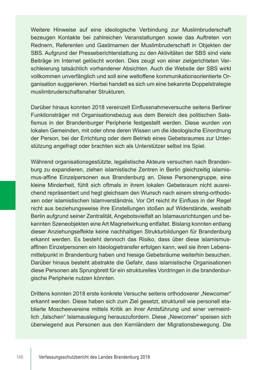 Seite 148 des Verfassungsschutzbericht 2018 Brandenburg