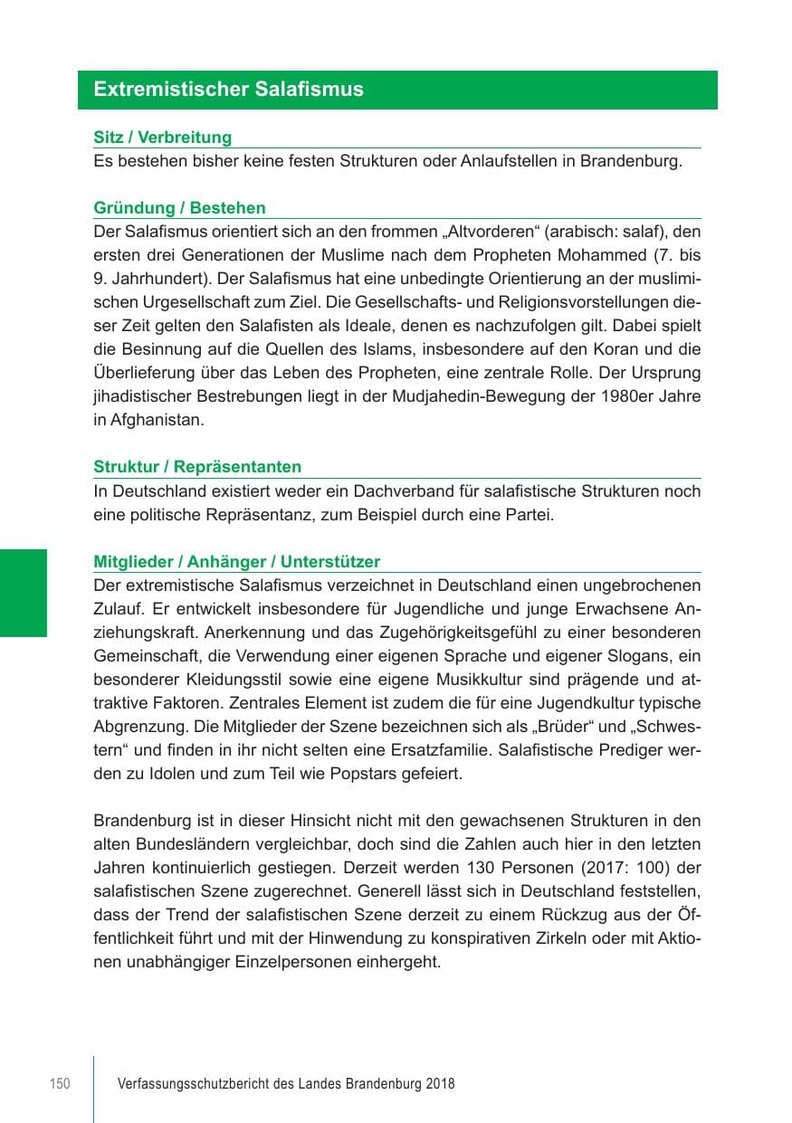 Seite 150 des Verfassungsschutzbericht 2018 Brandenburg
