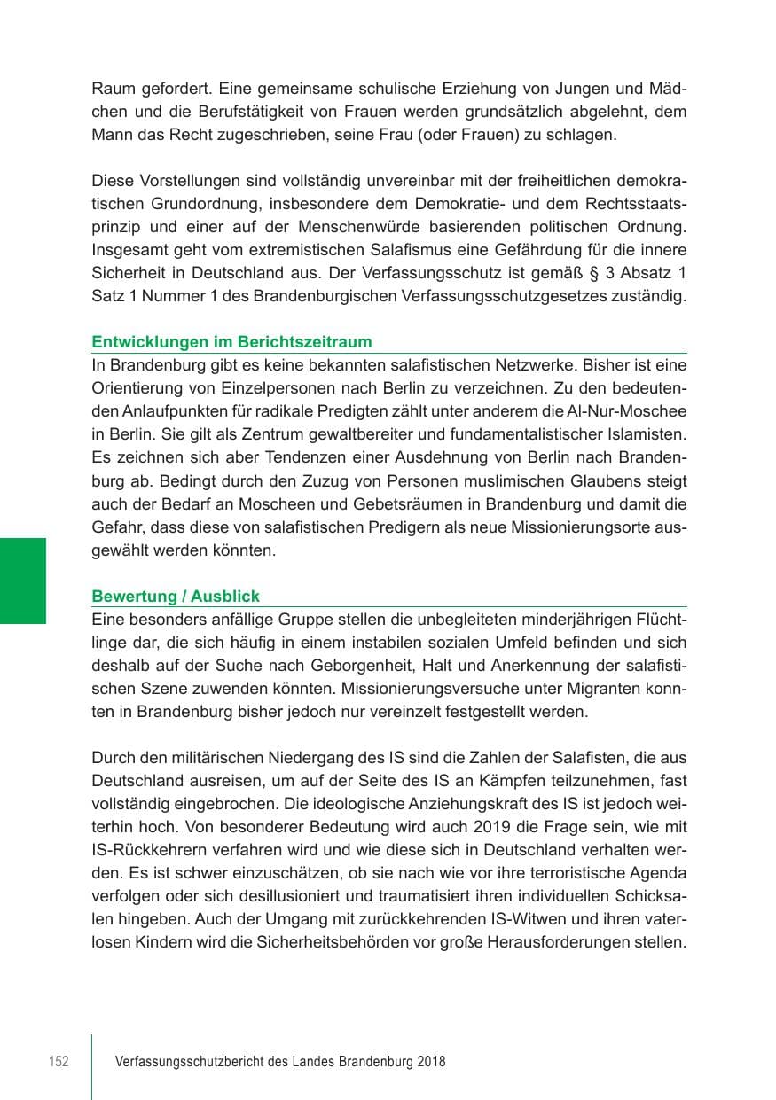 Seite 152 des Verfassungsschutzbericht 2018 Brandenburg