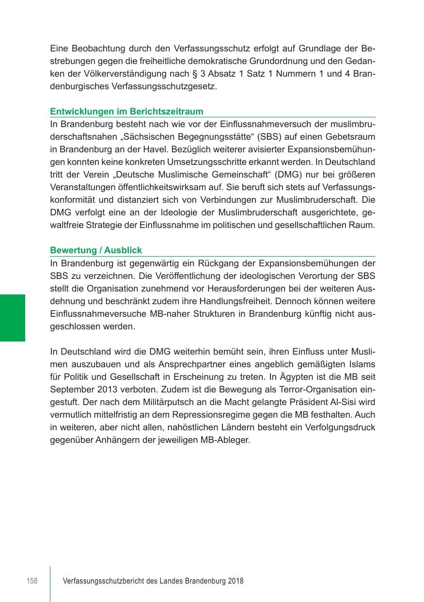 Seite 158 des Verfassungsschutzbericht 2018 Brandenburg
