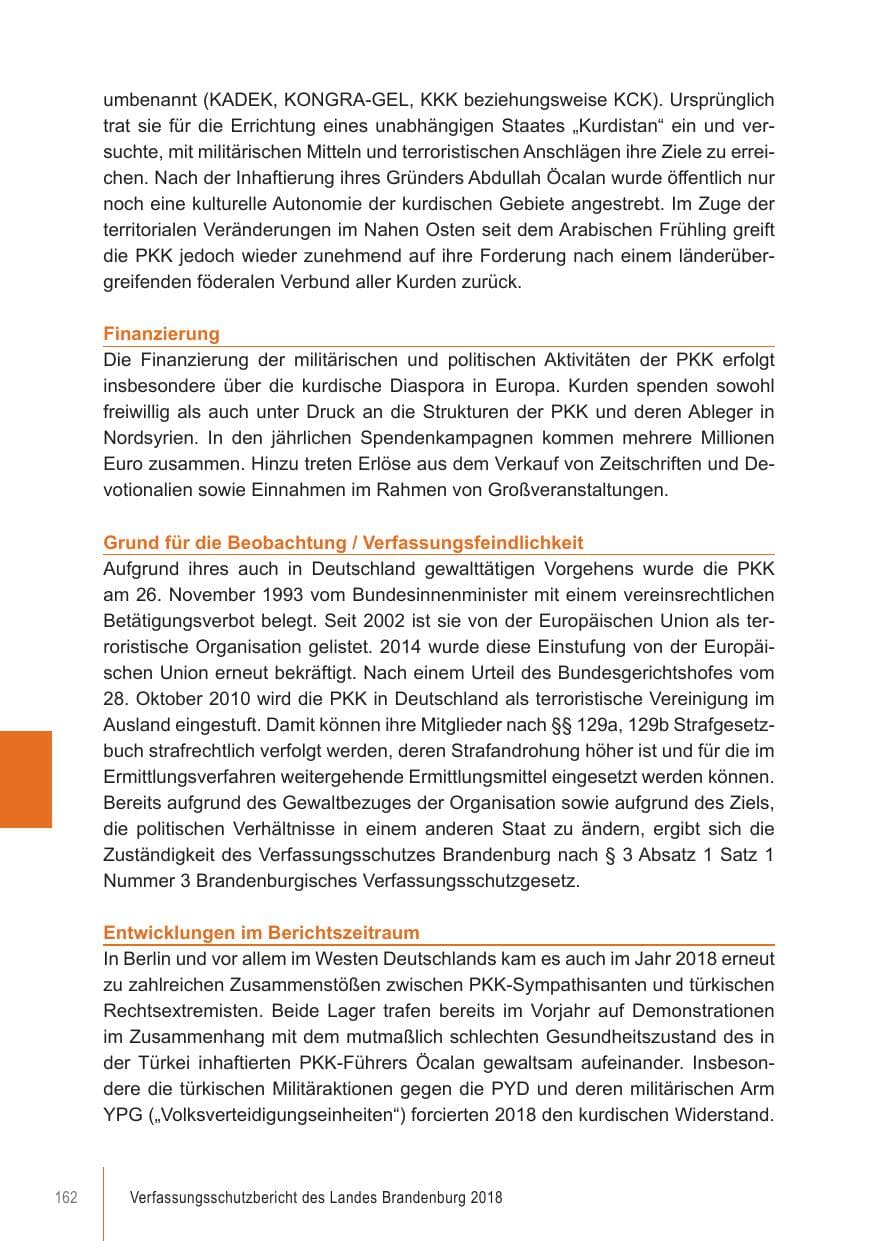 Seite 162 des Verfassungsschutzbericht 2018 Brandenburg