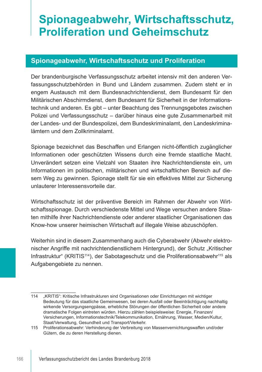 Seite 166 des Verfassungsschutzbericht 2018 Brandenburg