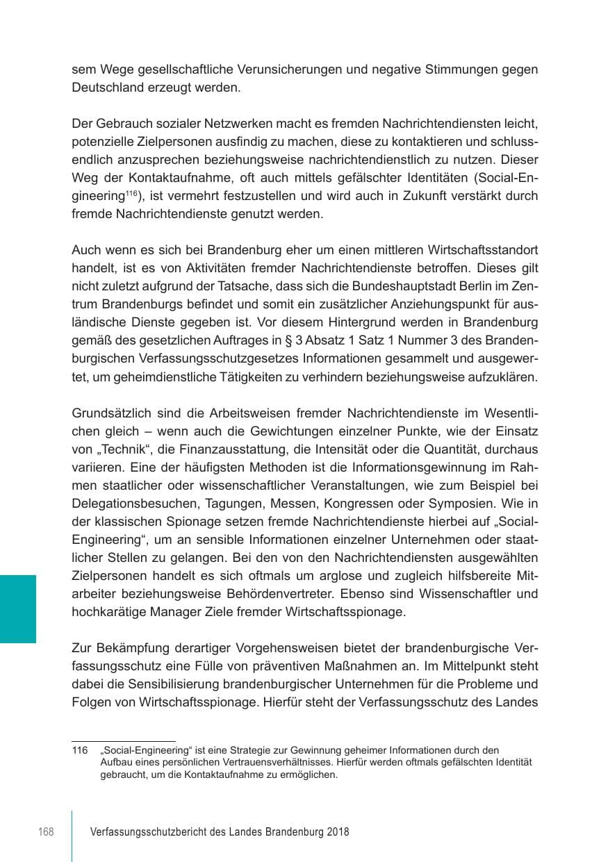 Seite 168 des Verfassungsschutzbericht 2018 Brandenburg