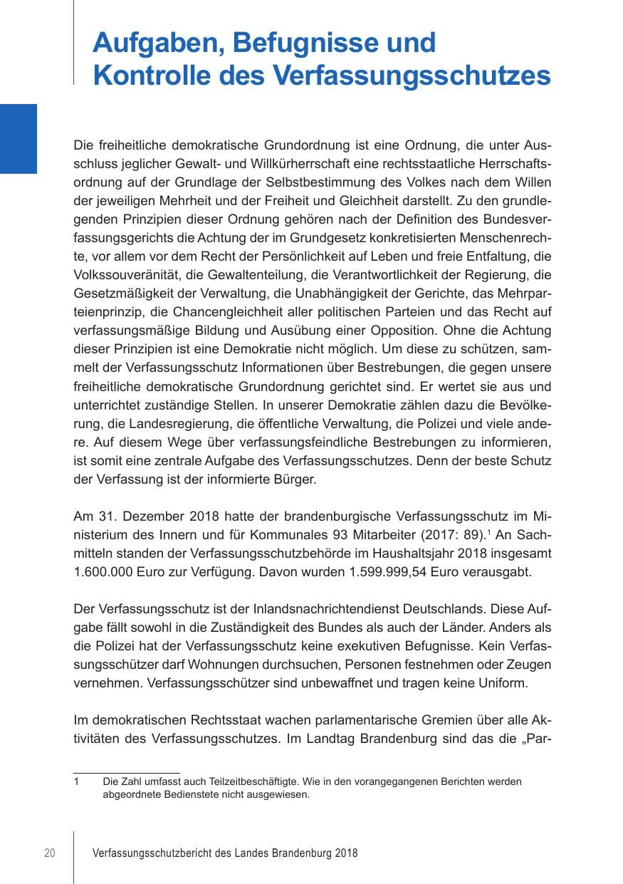 Seite 20 des Verfassungsschutzbericht 2018 Brandenburg