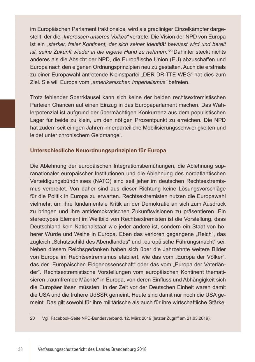 Seite 38 des Verfassungsschutzbericht 2018 Brandenburg