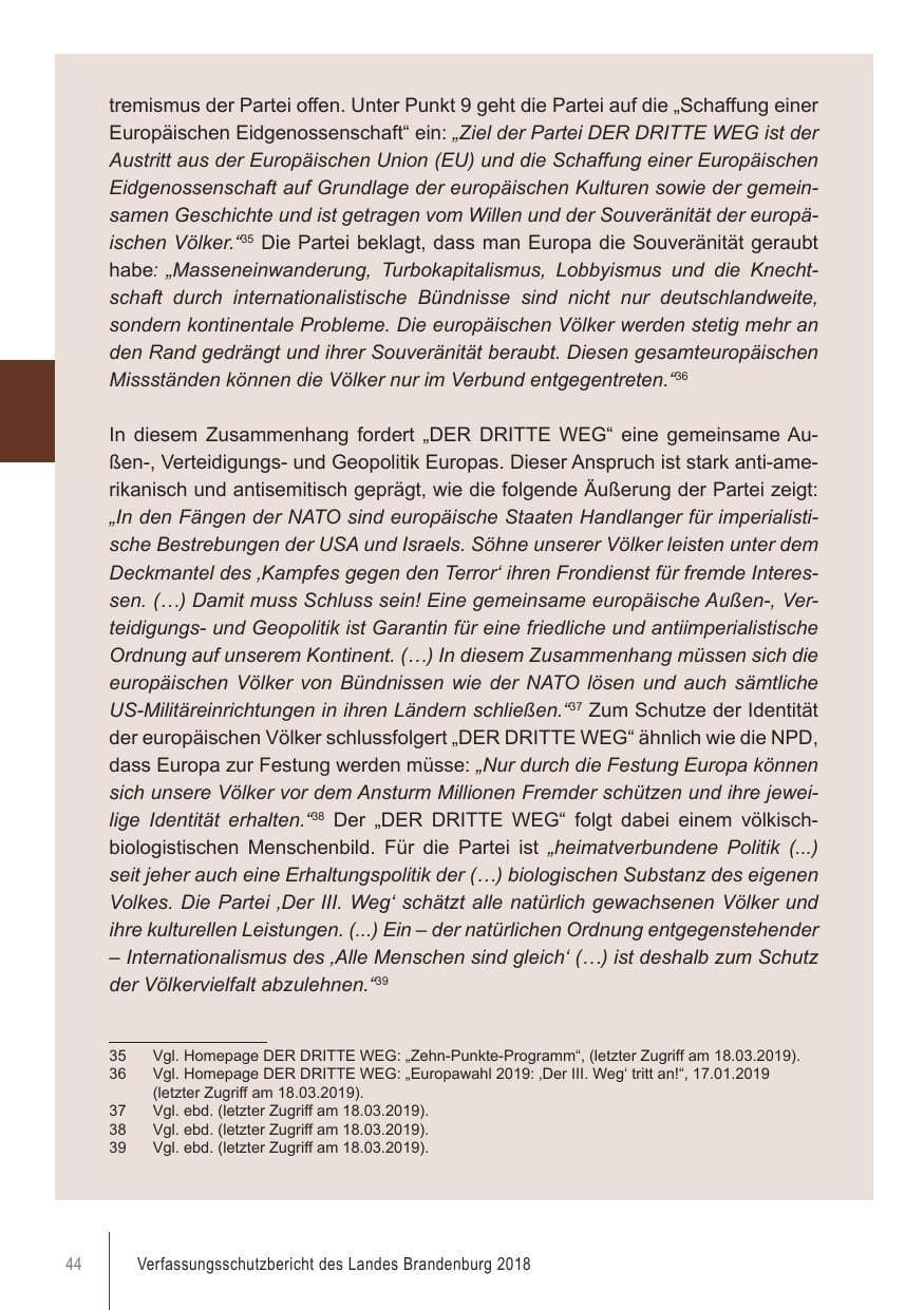 Seite 44 des Verfassungsschutzbericht 2018 Brandenburg