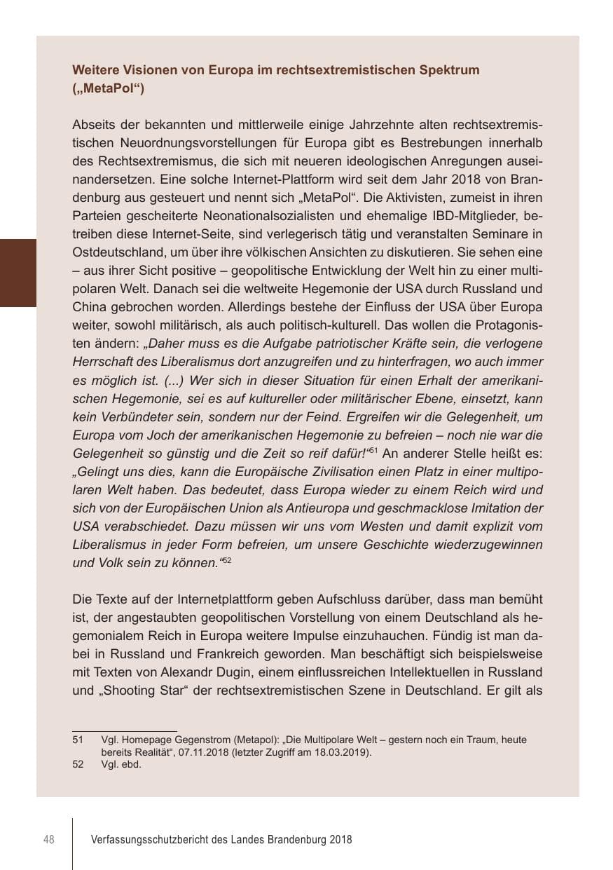 Seite 48 des Verfassungsschutzbericht 2018 Brandenburg