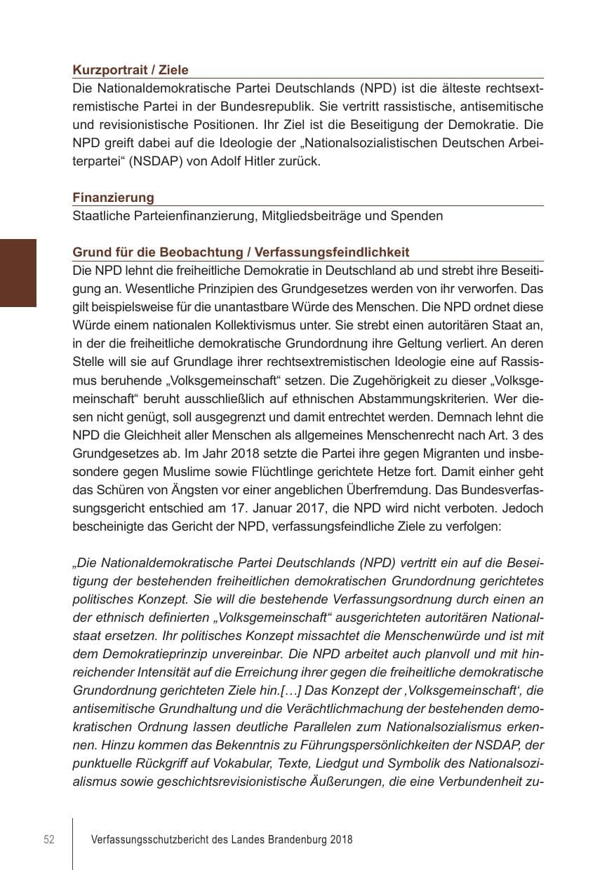 Seite 52 des Verfassungsschutzbericht 2018 Brandenburg