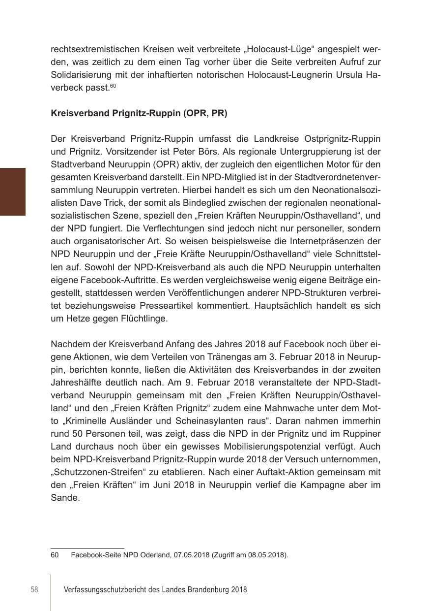 Seite 58 des Verfassungsschutzbericht 2018 Brandenburg