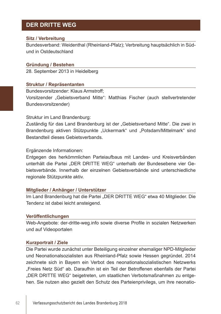 Seite 62 des Verfassungsschutzbericht 2018 Brandenburg