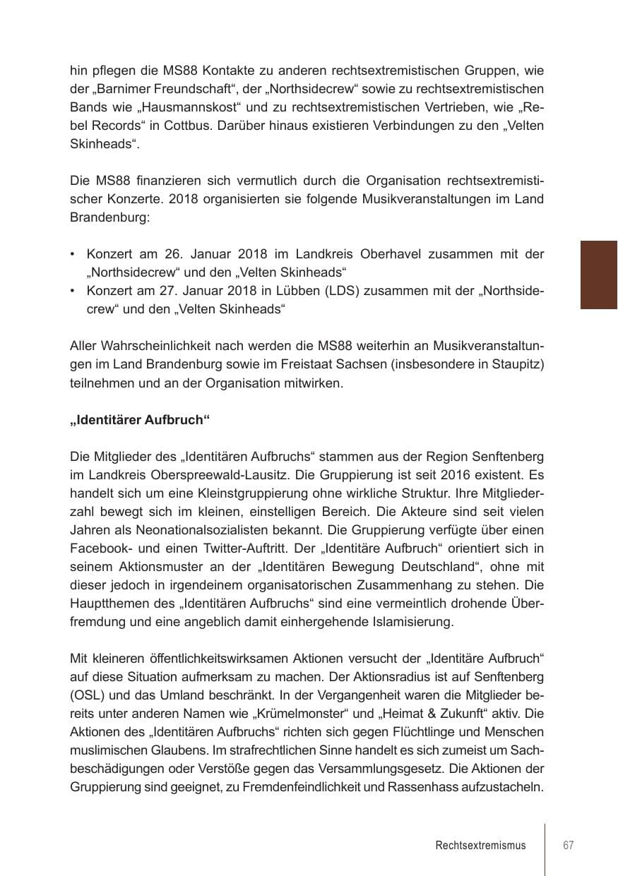 Seite 67 des Verfassungsschutzbericht 2018 Brandenburg