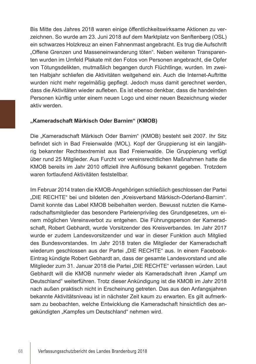 Seite 68 des Verfassungsschutzbericht 2018 Brandenburg