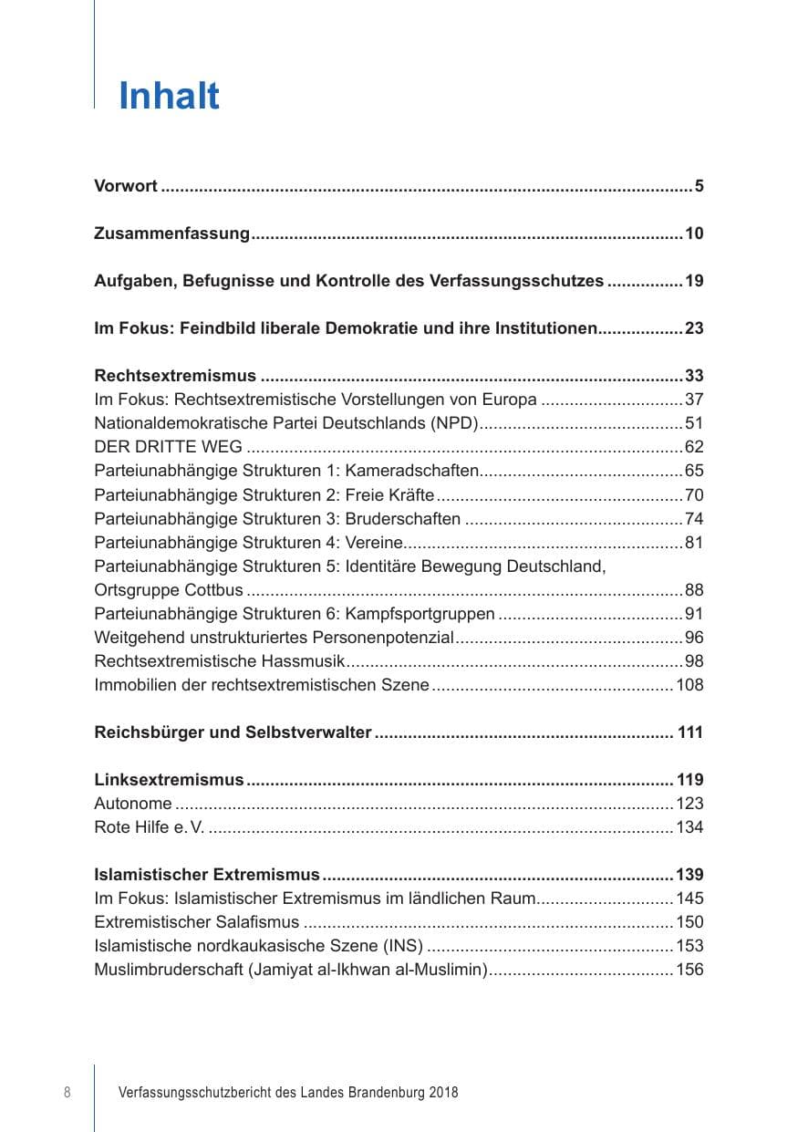 Seite 8 des Verfassungsschutzbericht 2018 Brandenburg
