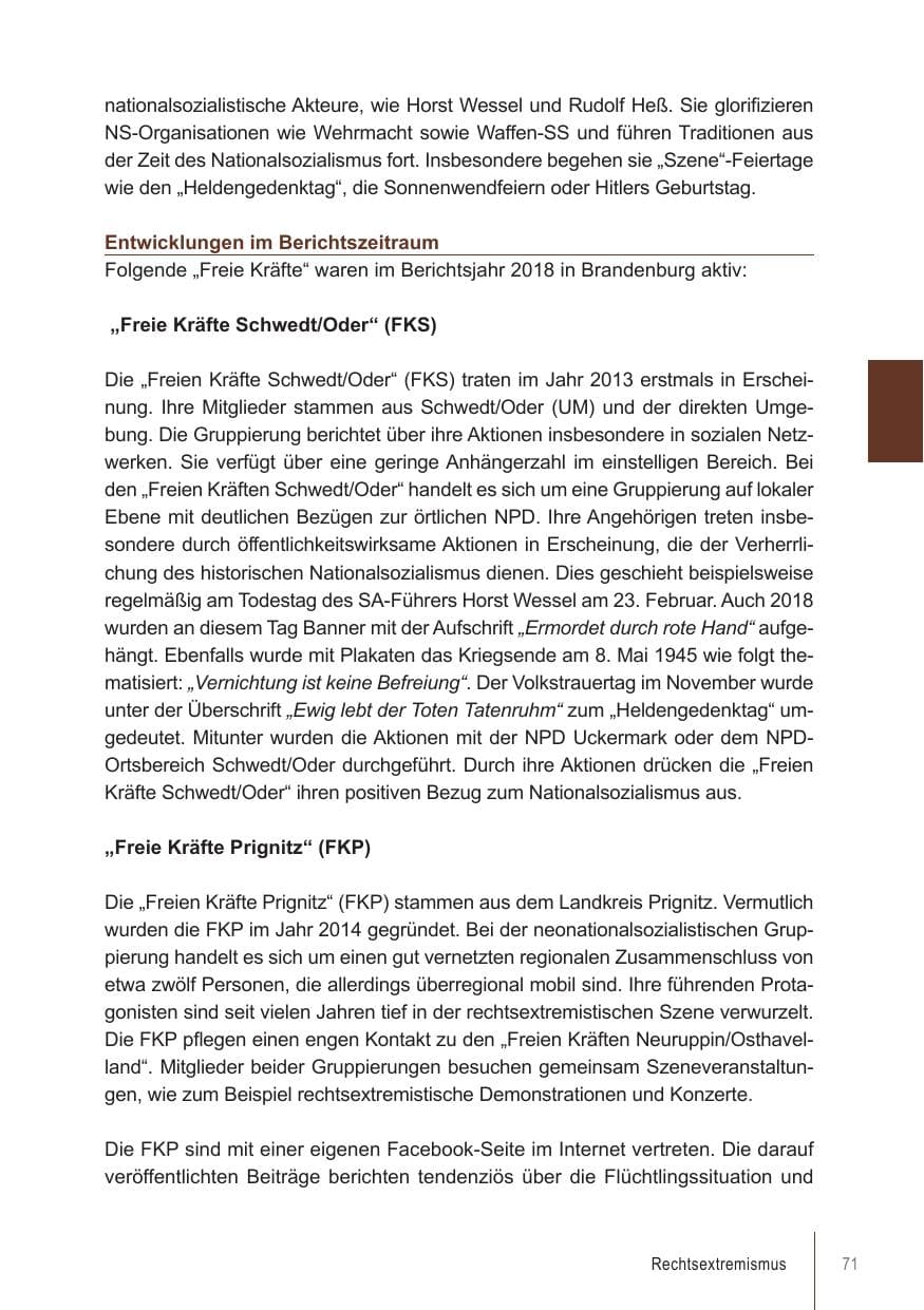 Seite 71 des Verfassungsschutzbericht 2018 Brandenburg