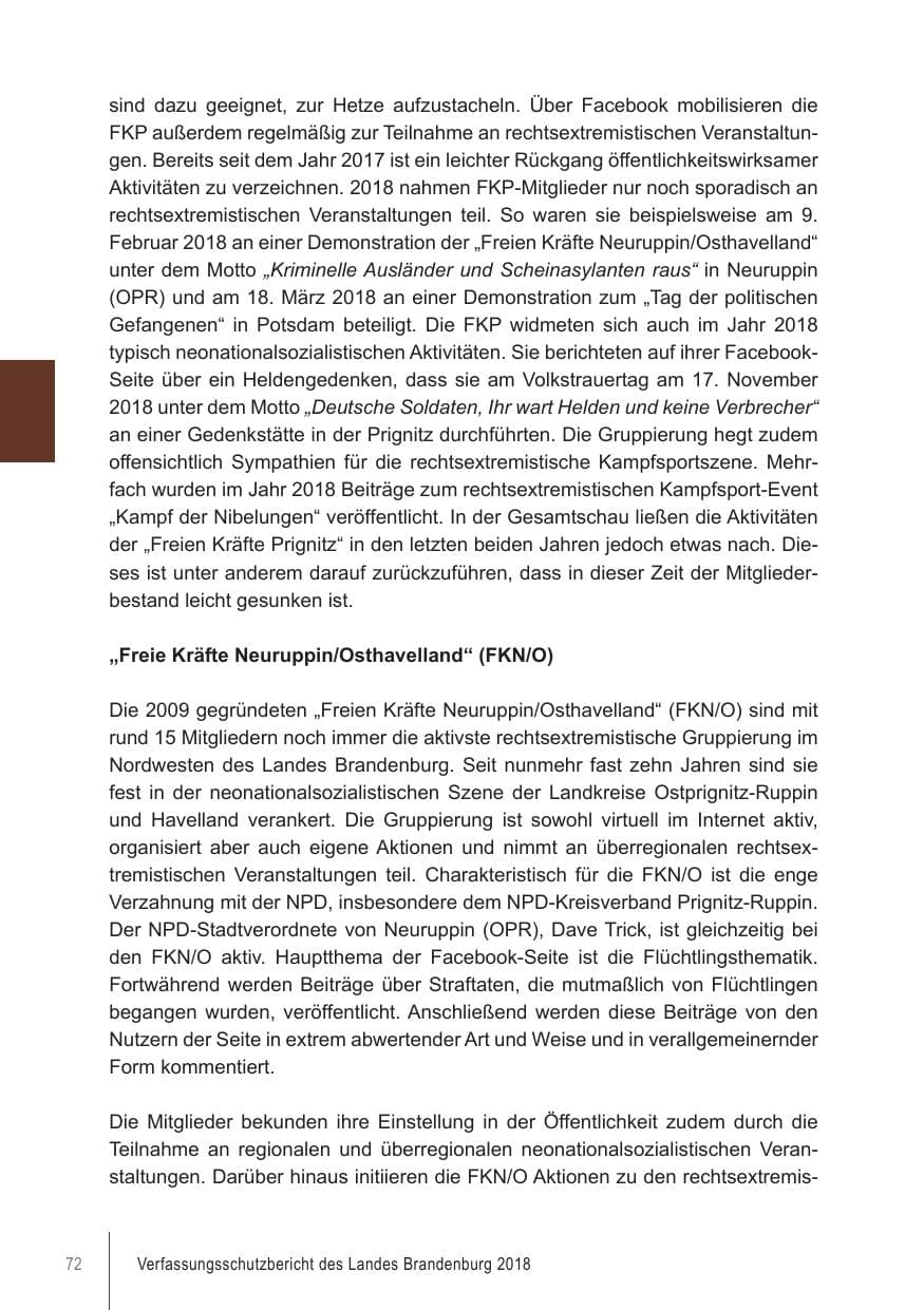 Seite 72 des Verfassungsschutzbericht 2018 Brandenburg