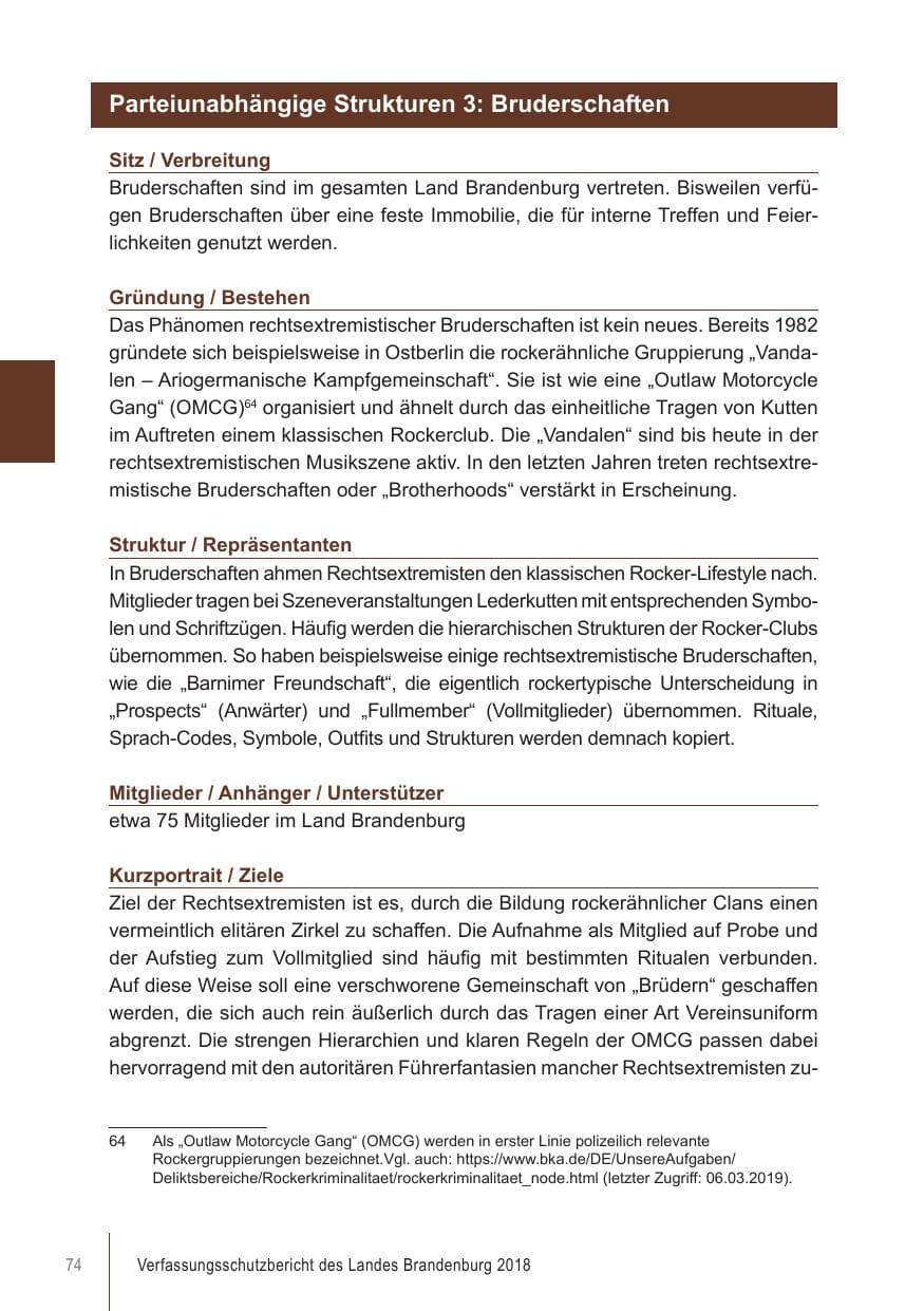 Seite 74 des Verfassungsschutzbericht 2018 Brandenburg