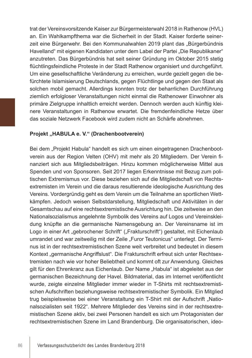 Seite 86 des Verfassungsschutzbericht 2018 Brandenburg