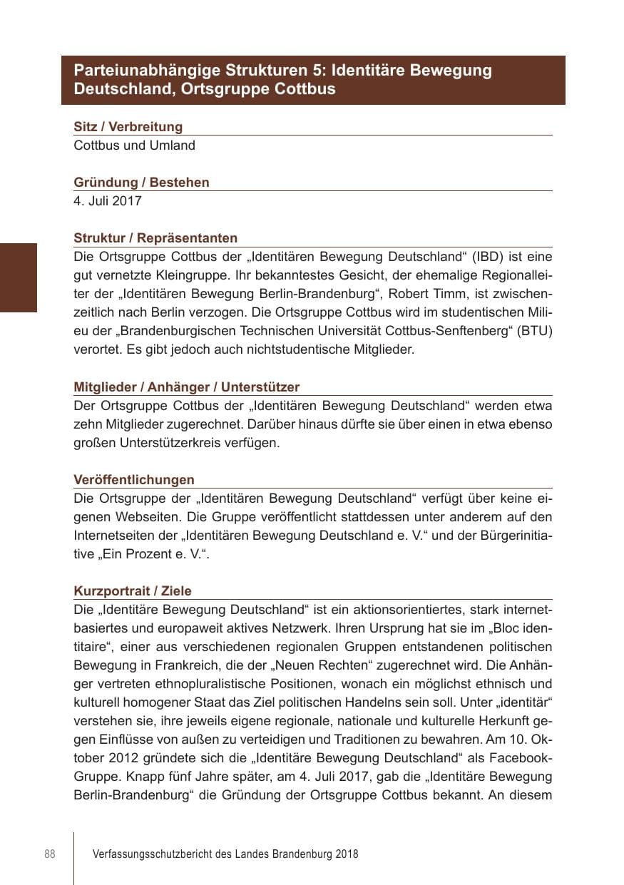 Seite 88 des Verfassungsschutzbericht 2018 Brandenburg
