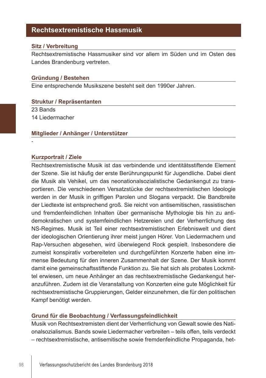Seite 98 des Verfassungsschutzbericht 2018 Brandenburg