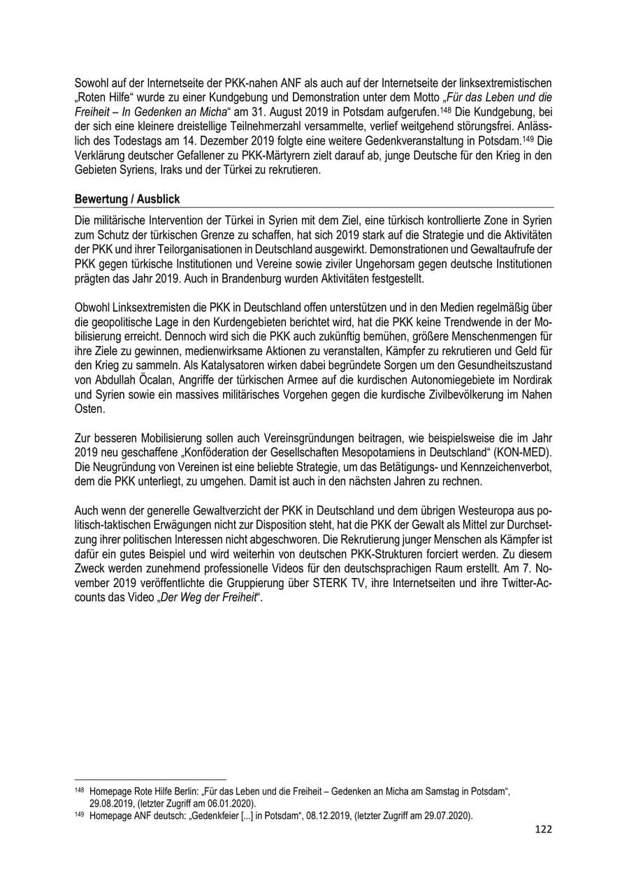 Seite 122 des Verfassungsschutzbericht 2019 Brandenburg