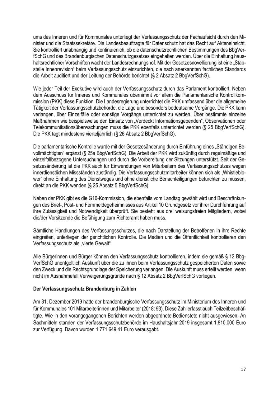 Seite 17 des Verfassungsschutzbericht 2019 Brandenburg