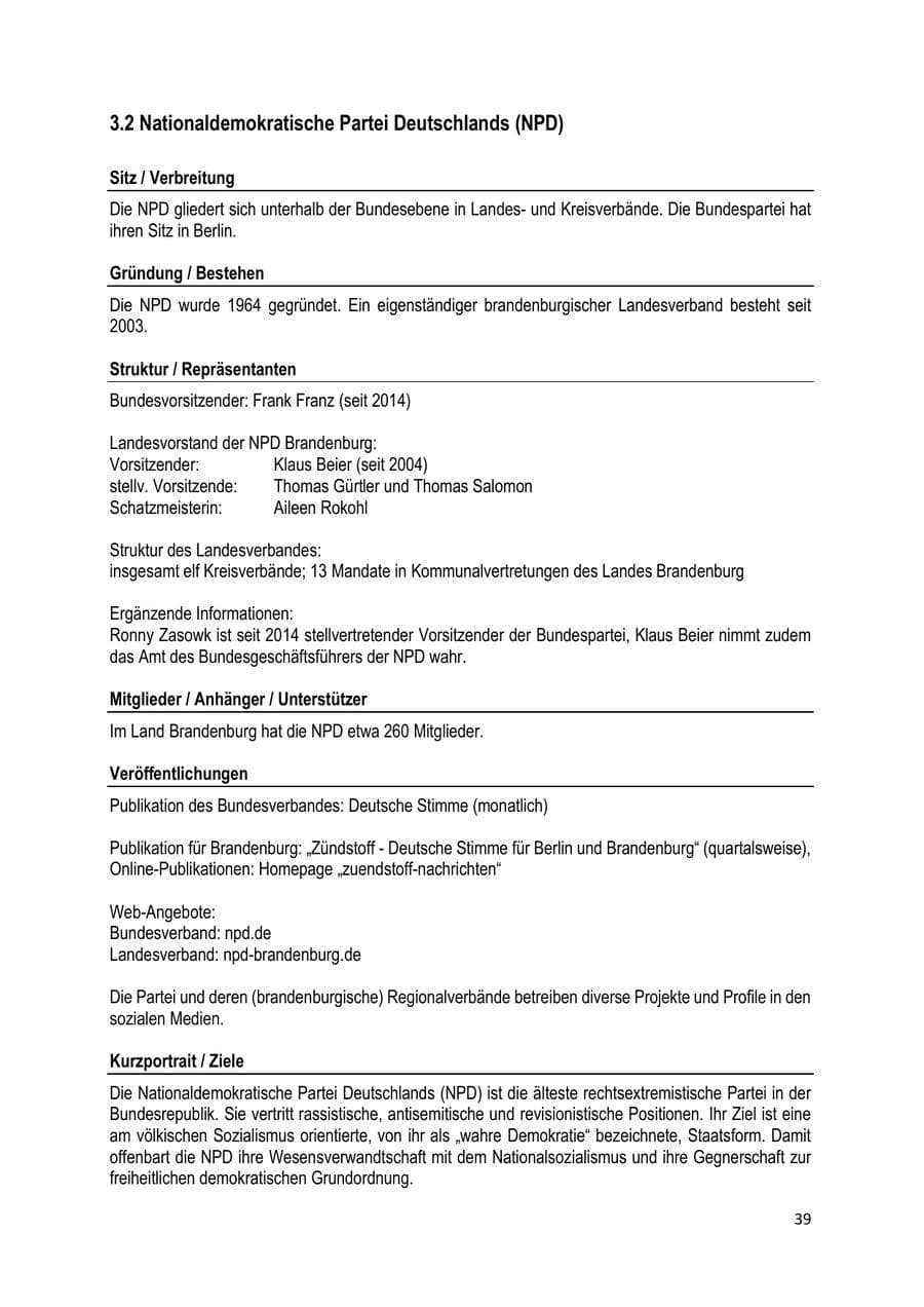 Seite 39 des Verfassungsschutzbericht 2019 Brandenburg