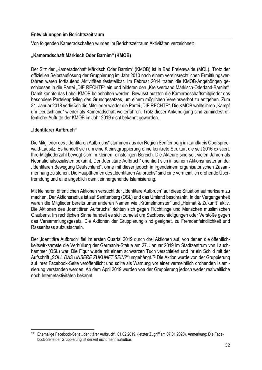 Seite 52 des Verfassungsschutzbericht 2019 Brandenburg