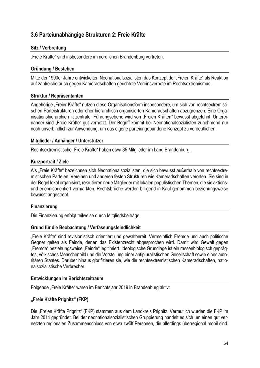 Seite 54 des Verfassungsschutzbericht 2019 Brandenburg