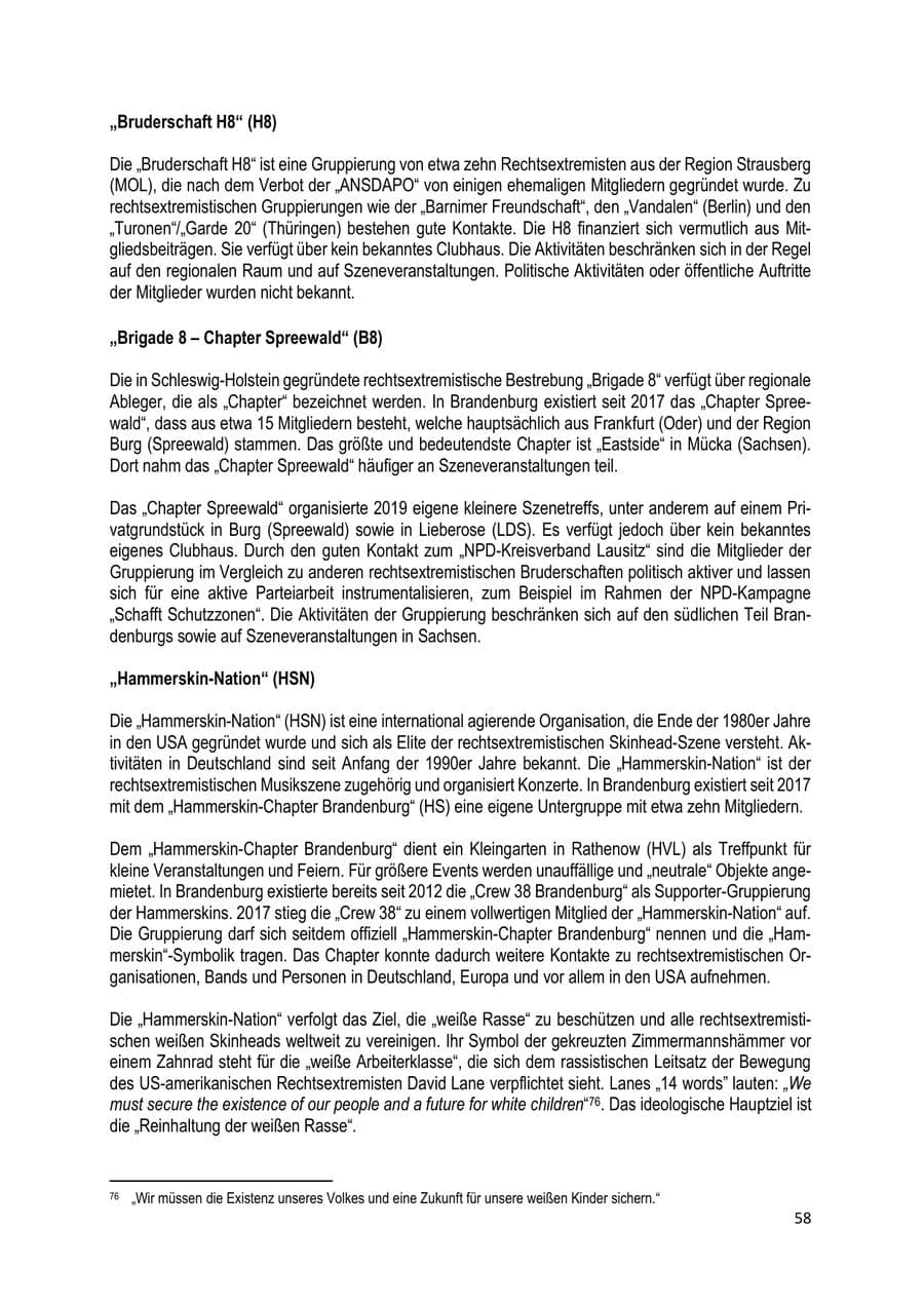 Seite 58 des Verfassungsschutzbericht 2019 Brandenburg