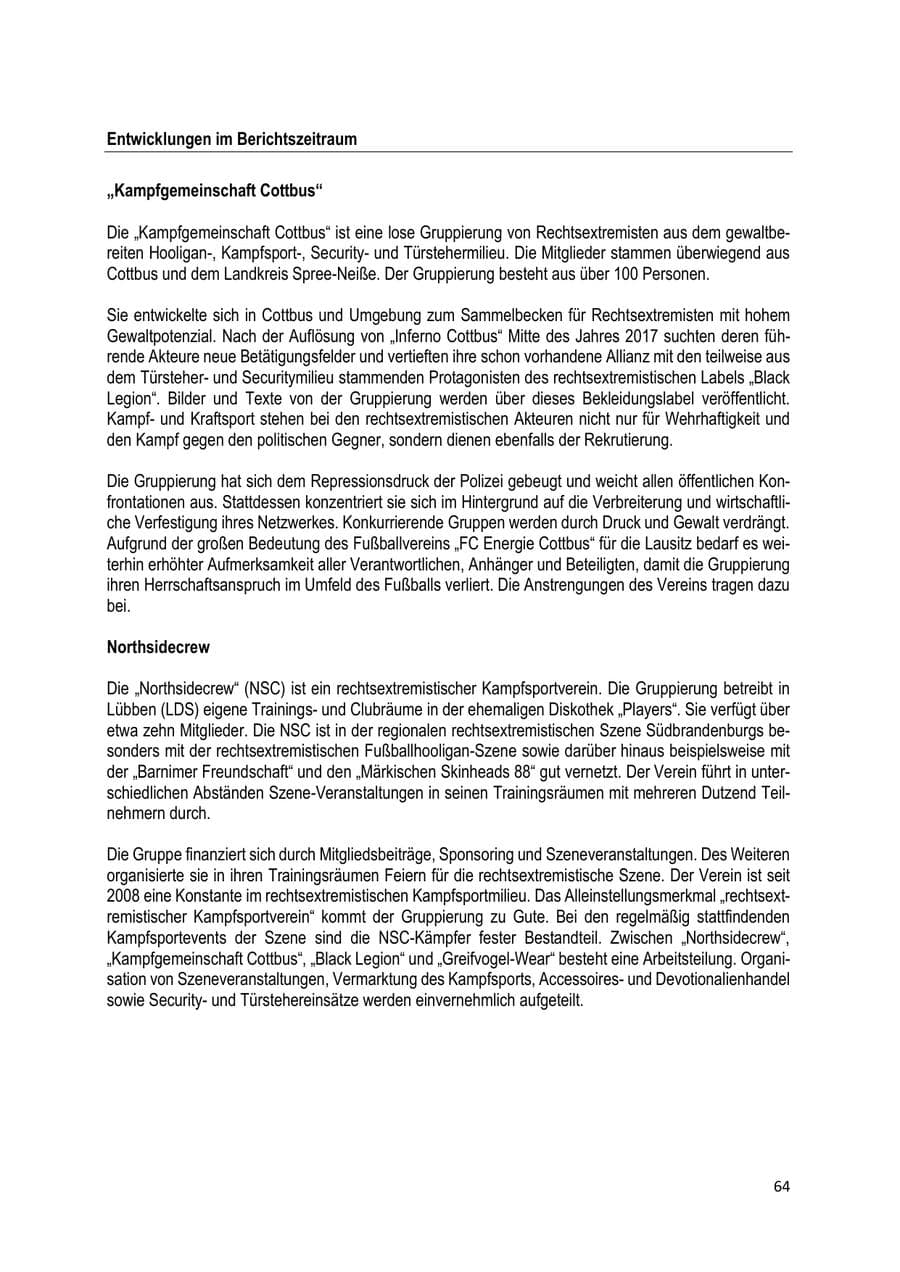 Seite 64 des Verfassungsschutzbericht 2019 Brandenburg