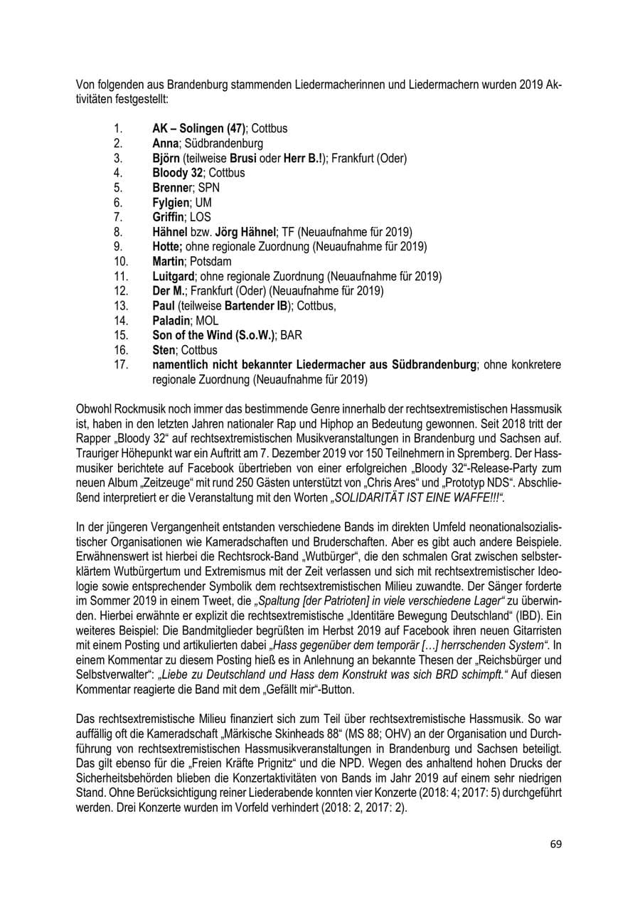 Seite 69 des Verfassungsschutzbericht 2019 Brandenburg