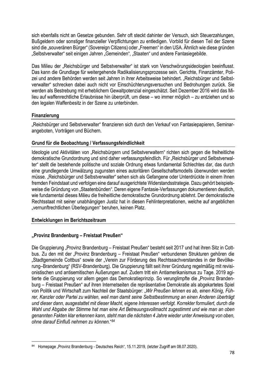 Seite 78 des Verfassungsschutzbericht 2019 Brandenburg