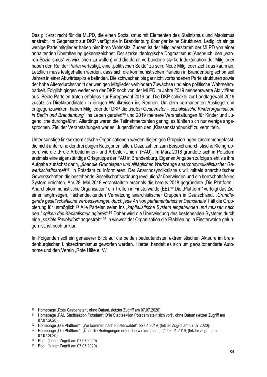 Seite 84 des Verfassungsschutzbericht 2019 Brandenburg