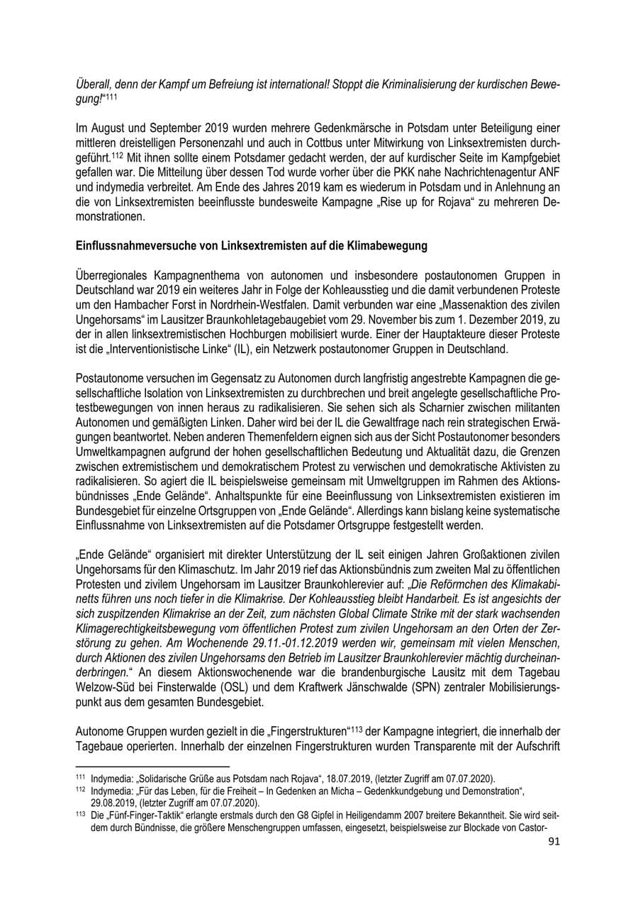 Seite 91 des Verfassungsschutzbericht 2019 Brandenburg