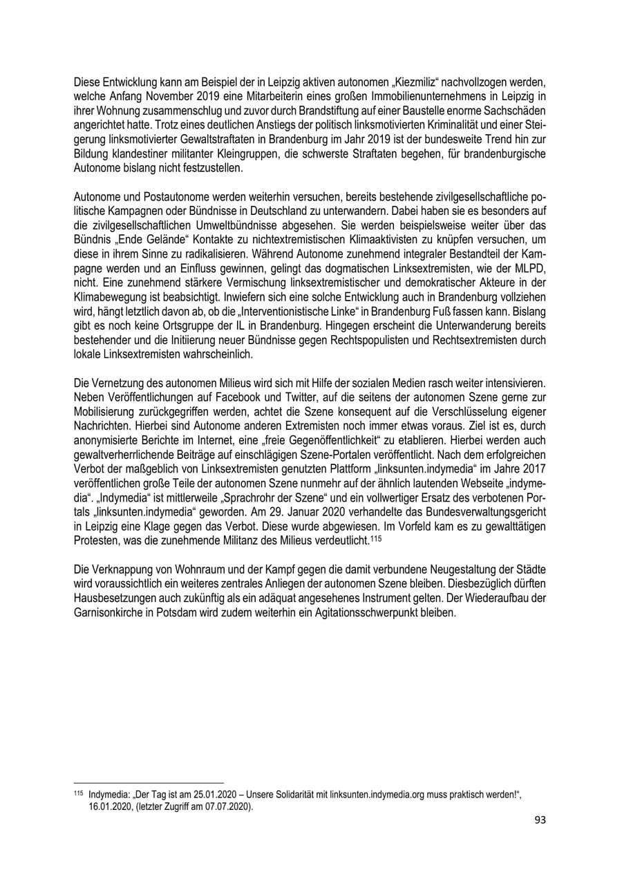 Seite 93 des Verfassungsschutzbericht 2019 Brandenburg