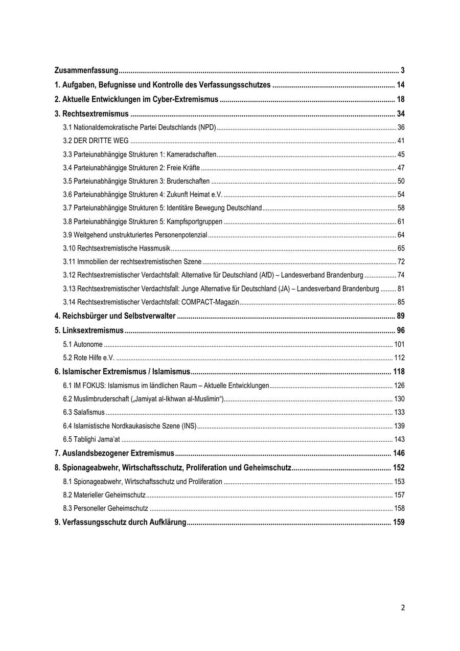 Seite 2 des Verfassungsschutzbericht 2020 Brandenburg