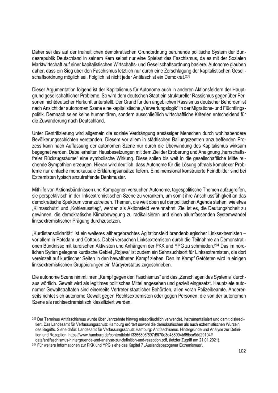 Seite 102 des Verfassungsschutzbericht 2020 Brandenburg